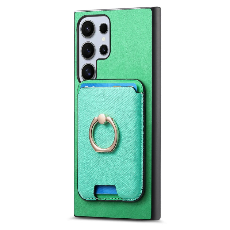 For Samsung Galaxy S24 Ultra 5G Retro Cross Leather Ring Vertical Insert Card Bag MagSafe Phone Case