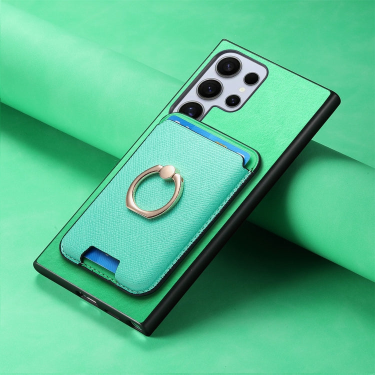 For Samsung Galaxy S24 Ultra 5G Retro Cross Leather Ring Vertical Insert Card Bag MagSafe Phone Case
