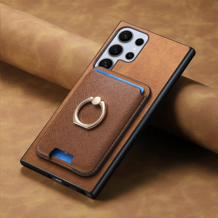 For Samsung Galaxy S24 Ultra 5G Retro Cross Leather Ring Vertical Insert Card Bag MagSafe Phone Case