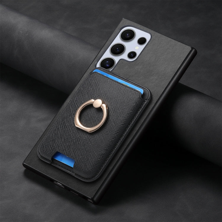 For Samsung Galaxy S24 Ultra 5G Retro Cross Leather Ring Vertical Insert Card Bag MagSafe Phone Case