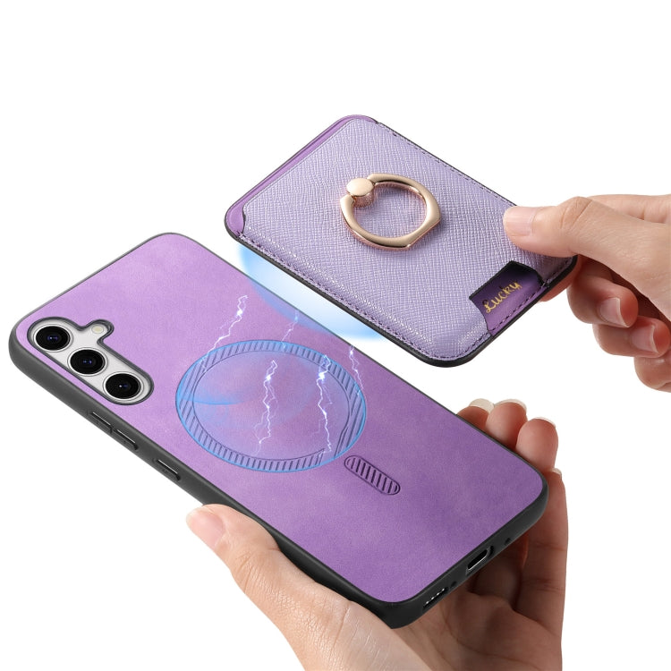 For Samsung Galaxy S24 5G Retro Cross Leather Ring Vertical Insert Card Bag MagSafe Phone Case