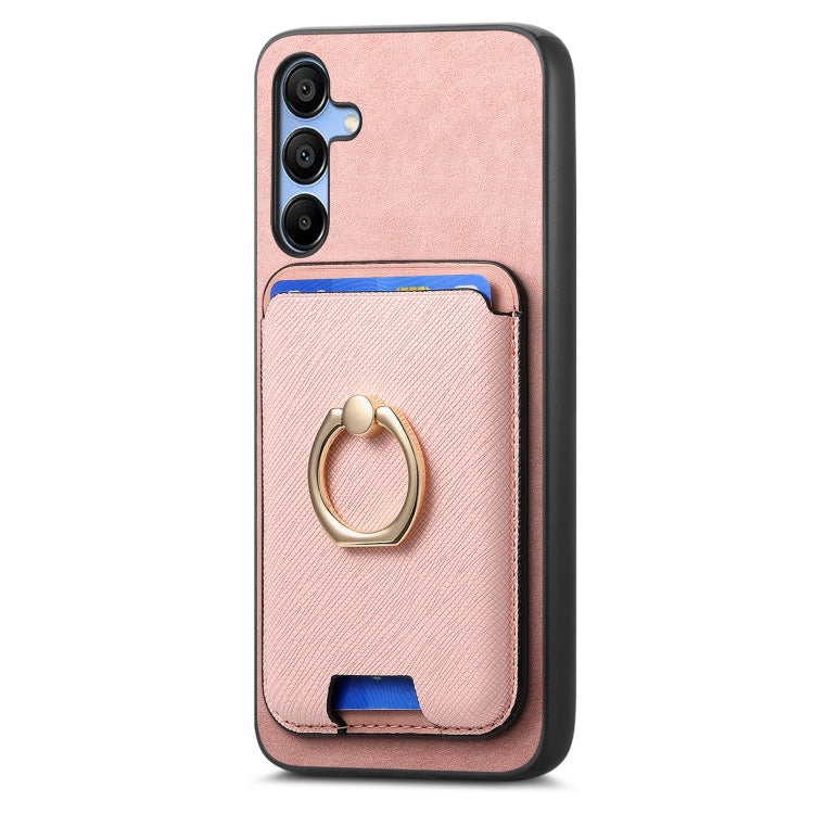 For Samsung Galaxy A15 Retro Cross Leather Ring Vertical Insert Card Bag MagSafe Phone Case