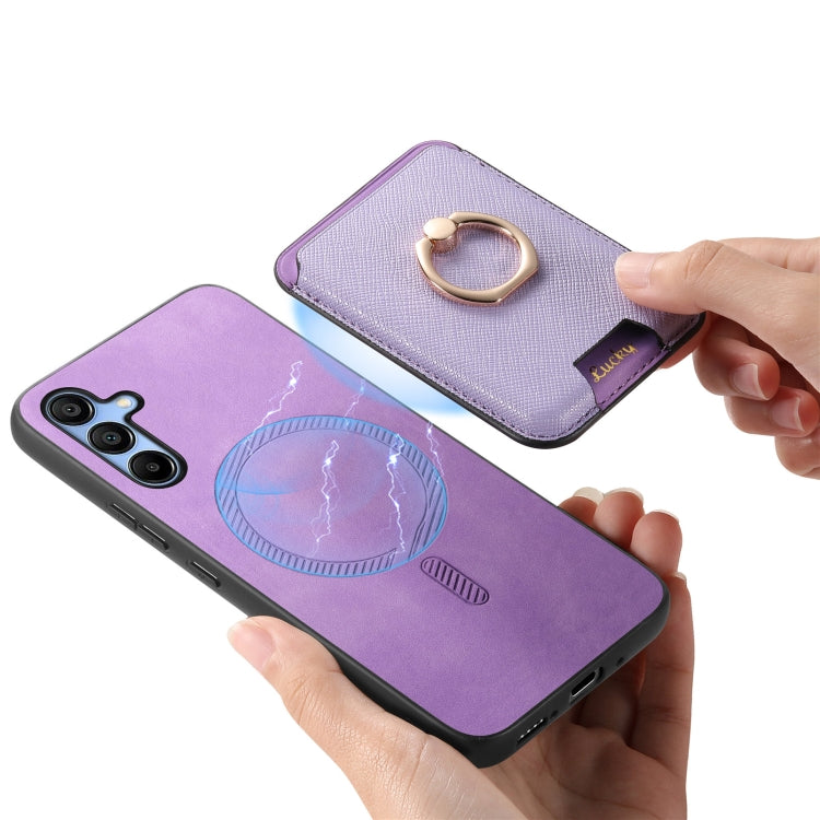 For Samsung Galaxy A15 Retro Cross Leather Ring Vertical Insert Card Bag MagSafe Phone Case
