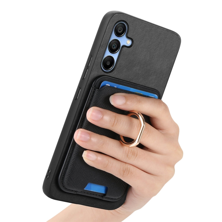 For Samsung Galaxy A15 Retro Cross Leather Ring Vertical Insert Card Bag MagSafe Phone Case