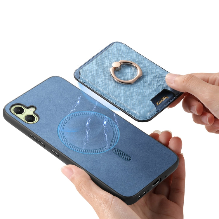 For Samsung Galaxy A05 Retro Cross Leather Ring Vertical Insert Card Bag MagSafe Phone Case