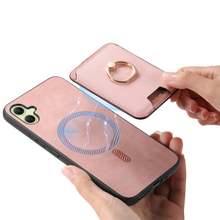 For Samsung Galaxy A05 Retro Cross Leather Ring Vertical Insert Card Bag MagSafe Phone Case