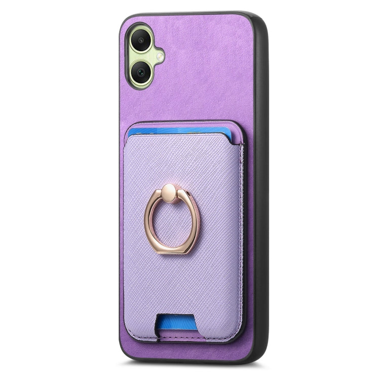 For Samsung Galaxy A05 Retro Cross Leather Ring Vertical Insert Card Bag MagSafe Phone Case