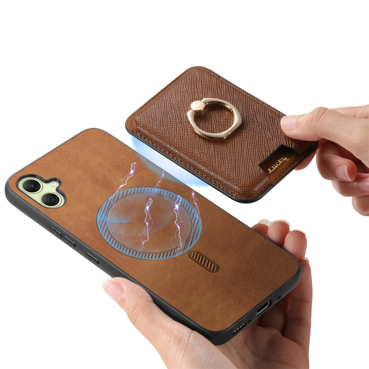 For Samsung Galaxy A05 Retro Cross Leather Ring Vertical Insert Card Bag MagSafe Phone Case
