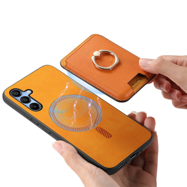 For Samsung Galaxy A25 Retro Cross Leather Ring Vertical Insert Card Bag MagSafe Phone Case