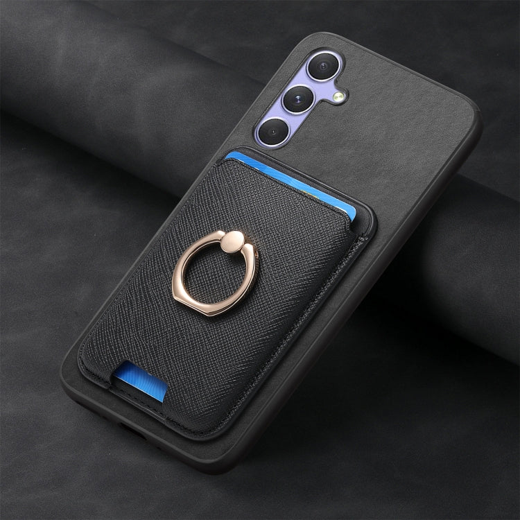 For Samsung Galaxy A24 5G Retro Cross Leather Ring Vertical Insert Card Bag MagSafe Phone Case