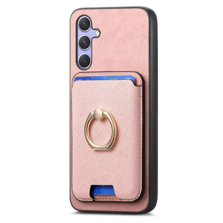 For Samsung Galaxy A34 5G Retro Cross Leather Ring Vertical Insert Card Bag MagSafe Phone Case