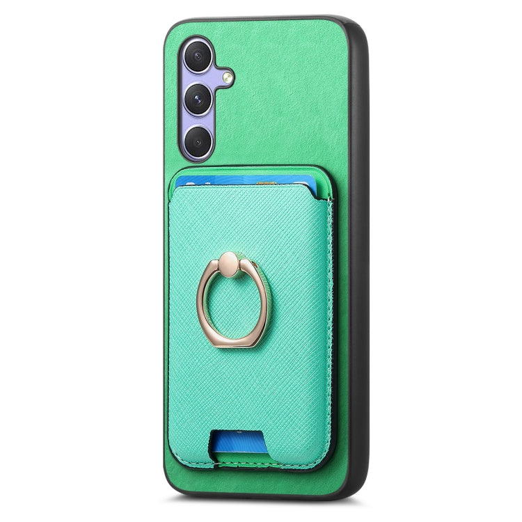 For Samsung Galaxy A34 5G Retro Cross Leather Ring Vertical Insert Card Bag MagSafe Phone Case
