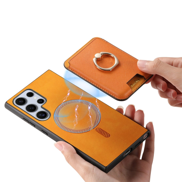 For Samsung Galaxy S23 Ultra 5G Retro Cross Leather Ring Vertical Insert Card Bag MagSafe Phone Case