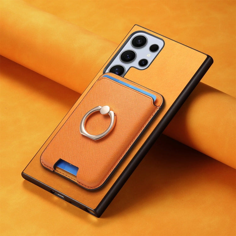 For Samsung Galaxy S23 Ultra 5G Retro Cross Leather Ring Vertical Insert Card Bag MagSafe Phone Case