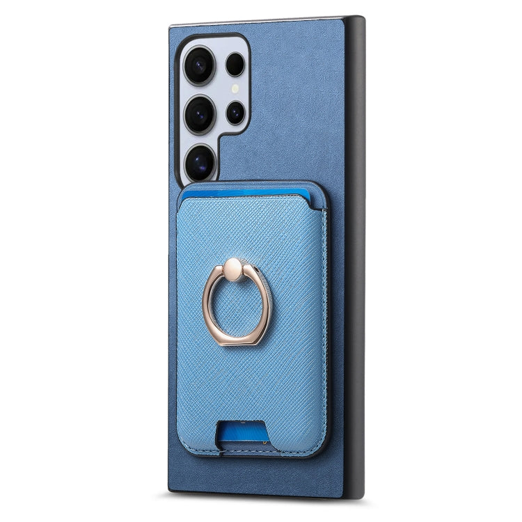 For Samsung Galaxy S23 Ultra 5G Retro Cross Leather Ring Vertical Insert Card Bag MagSafe Phone Case
