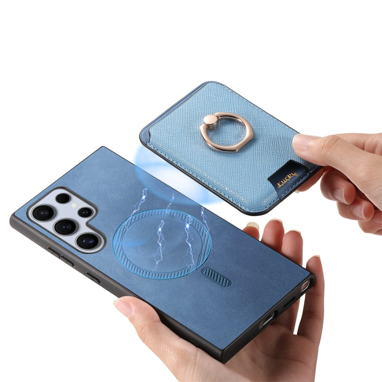 For Samsung Galaxy S23 Ultra 5G Retro Cross Leather Ring Vertical Insert Card Bag MagSafe Phone Case
