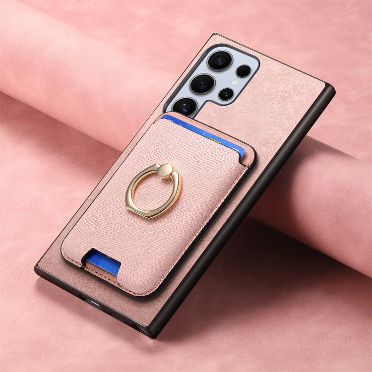 For Samsung Galaxy S23 Ultra 5G Retro Cross Leather Ring Vertical Insert Card Bag MagSafe Phone Case