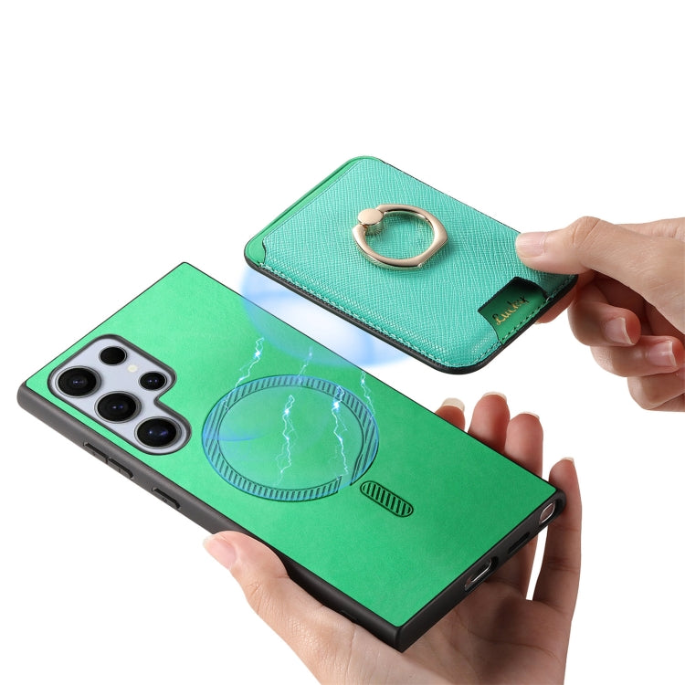 For Samsung Galaxy S23 Ultra 5G Retro Cross Leather Ring Vertical Insert Card Bag MagSafe Phone Case