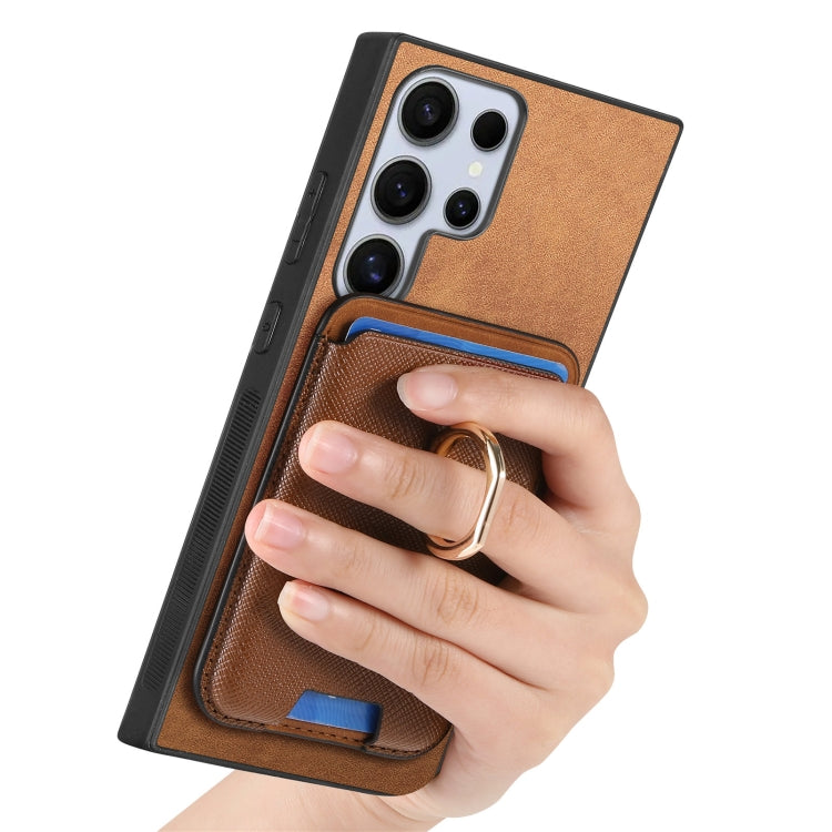 For Samsung Galaxy S23 Ultra 5G Retro Cross Leather Ring Vertical Insert Card Bag MagSafe Phone Case