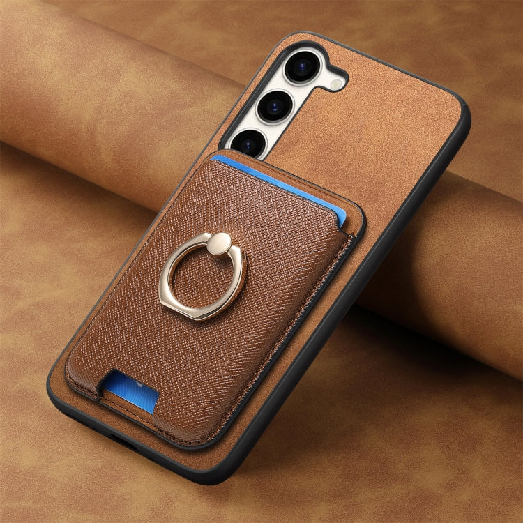 For Samsung Galaxy S23 5G Retro Cross Leather Ring Vertical Insert Card Bag MagSafe Phone Case