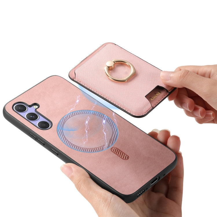 For Samsung Galaxy A14 Retro Cross Leather Ring Vertical Insert Card Bag MagSafe Phone Case