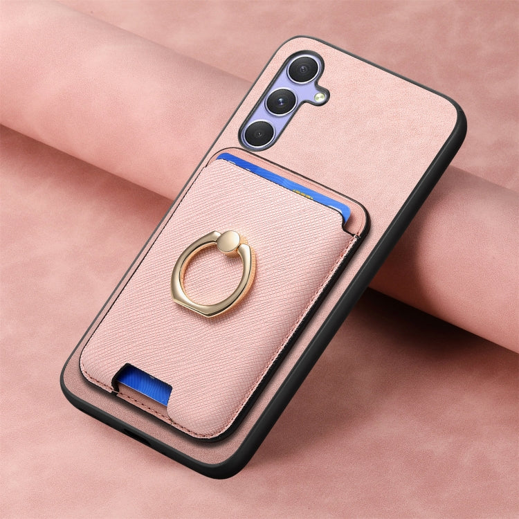 For Samsung Galaxy A14 Retro Cross Leather Ring Vertical Insert Card Bag MagSafe Phone Case