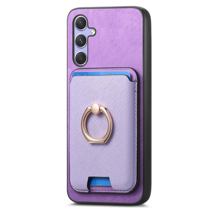 For Samsung Galaxy A14 Retro Cross Leather Ring Vertical Insert Card Bag MagSafe Phone Case