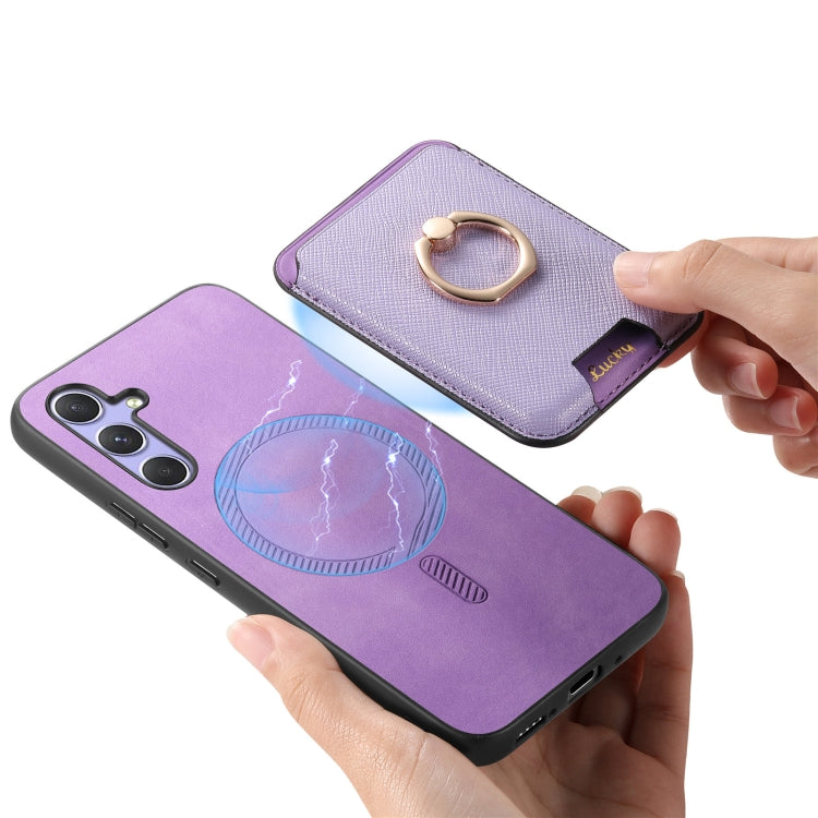 For Samsung Galaxy A14 Retro Cross Leather Ring Vertical Insert Card Bag MagSafe Phone Case