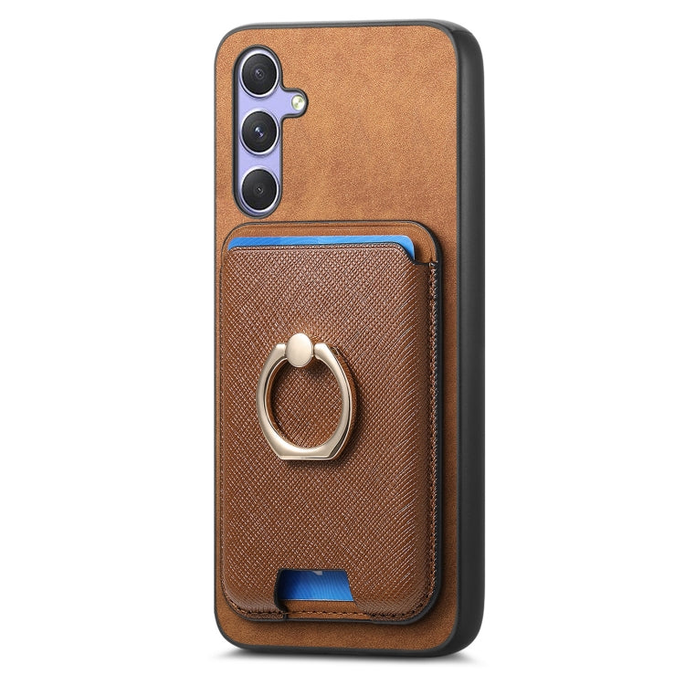 For Samsung Galaxy A14 Retro Cross Leather Ring Vertical Insert Card Bag MagSafe Phone Case