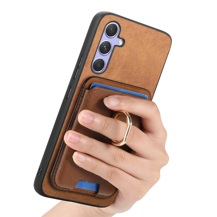 For Samsung Galaxy A14 Retro Cross Leather Ring Vertical Insert Card Bag MagSafe Phone Case