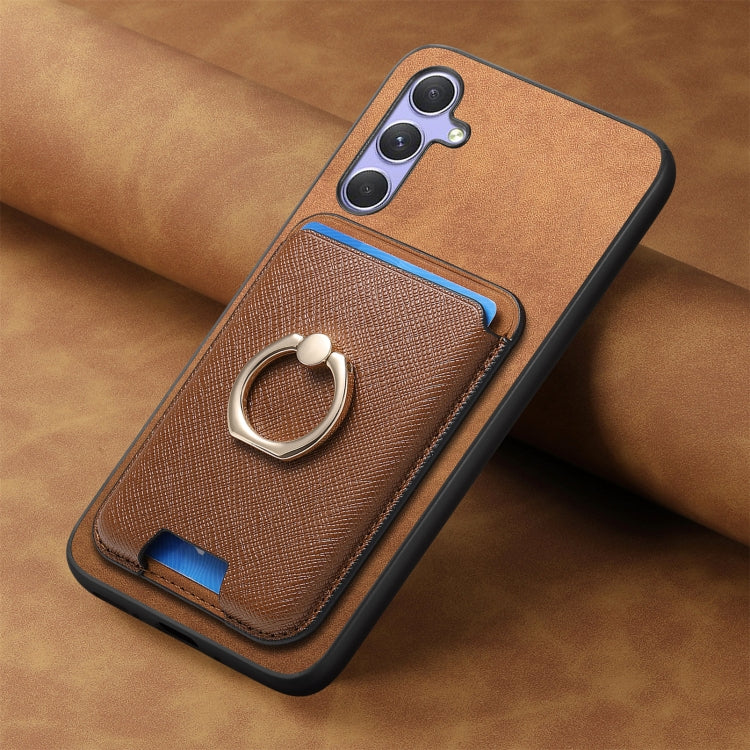 For Samsung Galaxy A14 Retro Cross Leather Ring Vertical Insert Card Bag MagSafe Phone Case