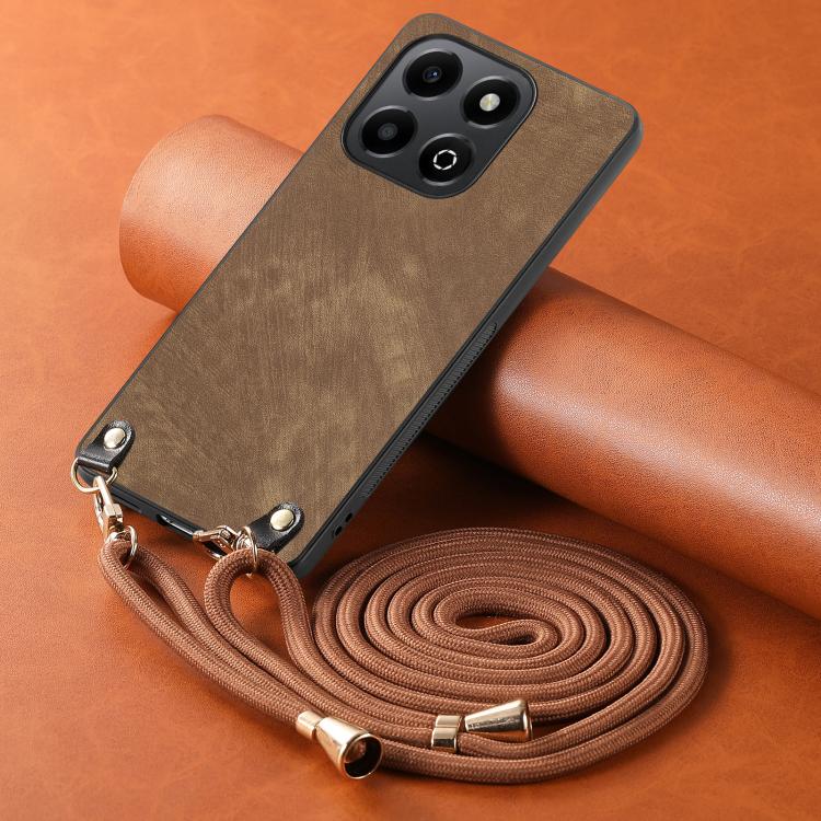 For Honor X6b 4G Vintage Leather PC Back Cover Phone Case with Crossbody Strap