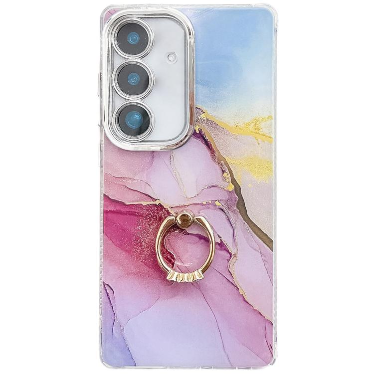 For Samsung Galaxy S25+ 5G Electroplated Marble Texture Ring Holder Phone Case