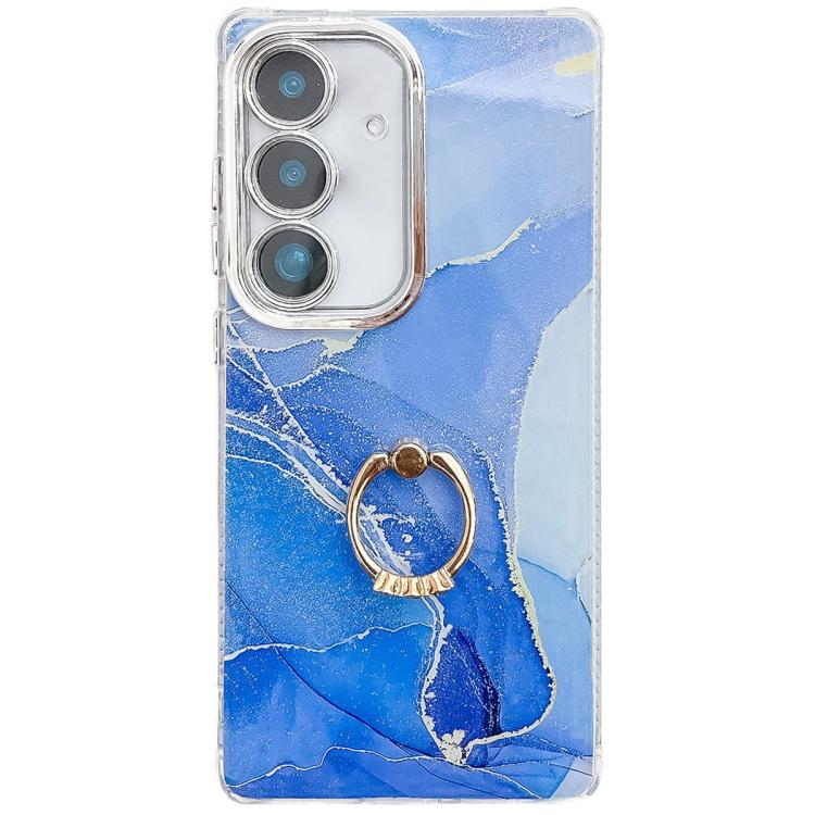 For Samsung Galaxy S25+ 5G Electroplated Marble Texture Ring Holder Phone Case