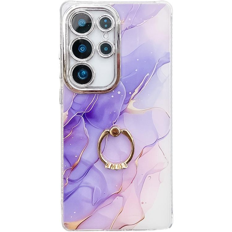 For Samsung Galaxy S25 Ultra 5G Electroplated Marble Texture Ring Holder Phone Case