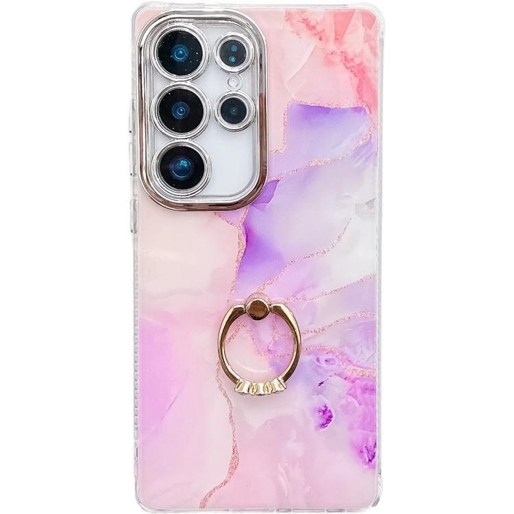 For Samsung Galaxy S25 Ultra 5G Electroplated Marble Texture Ring Holder Phone Case
