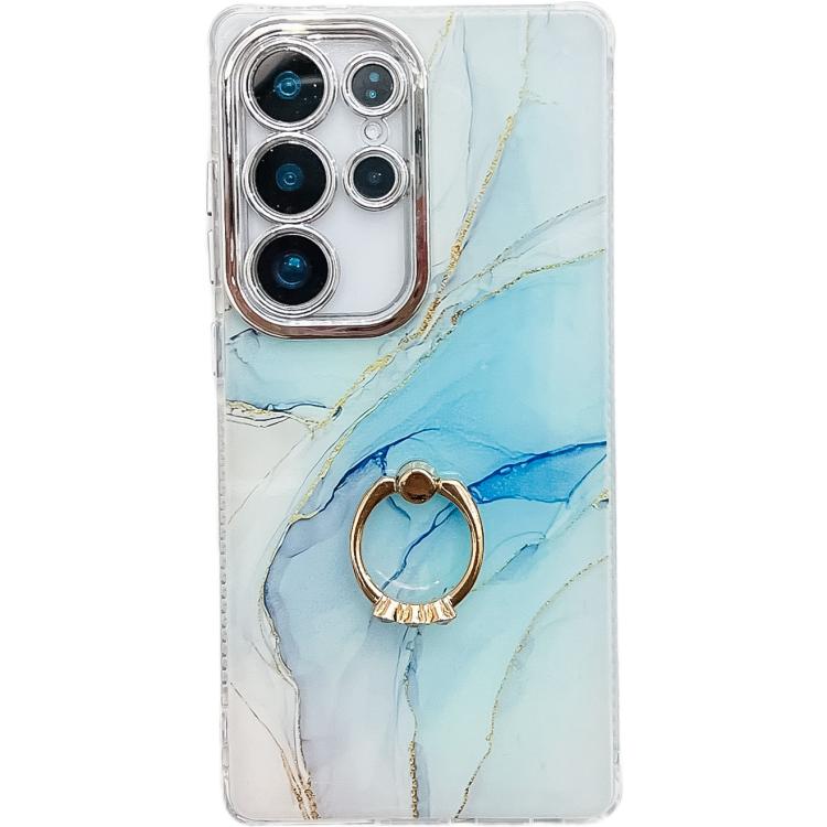 For Samsung Galaxy S25 Ultra 5G Electroplated Marble Texture Ring Holder Phone Case