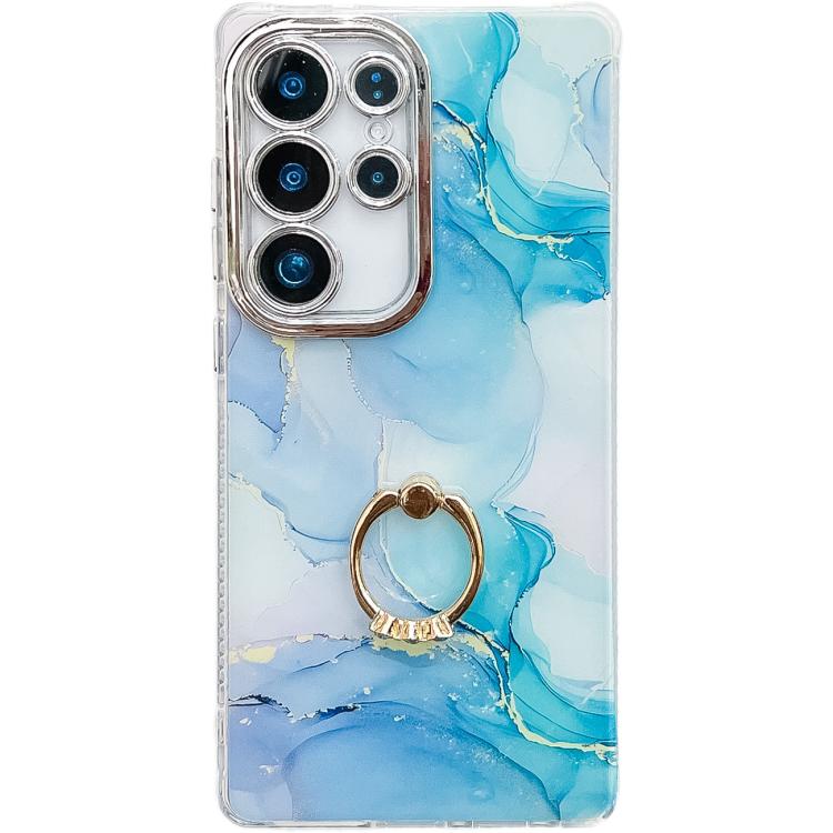 For Samsung Galaxy S25 Ultra 5G Electroplated Marble Texture Ring Holder Phone Case