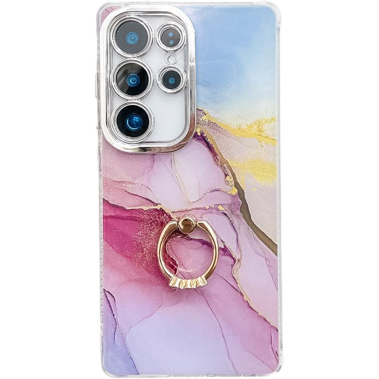 For Samsung Galaxy S25 Ultra 5G Electroplated Marble Texture Ring Holder Phone Case