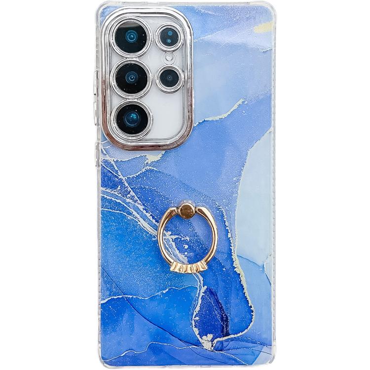 For Samsung Galaxy S25 Ultra 5G Electroplated Marble Texture Ring Holder Phone Case