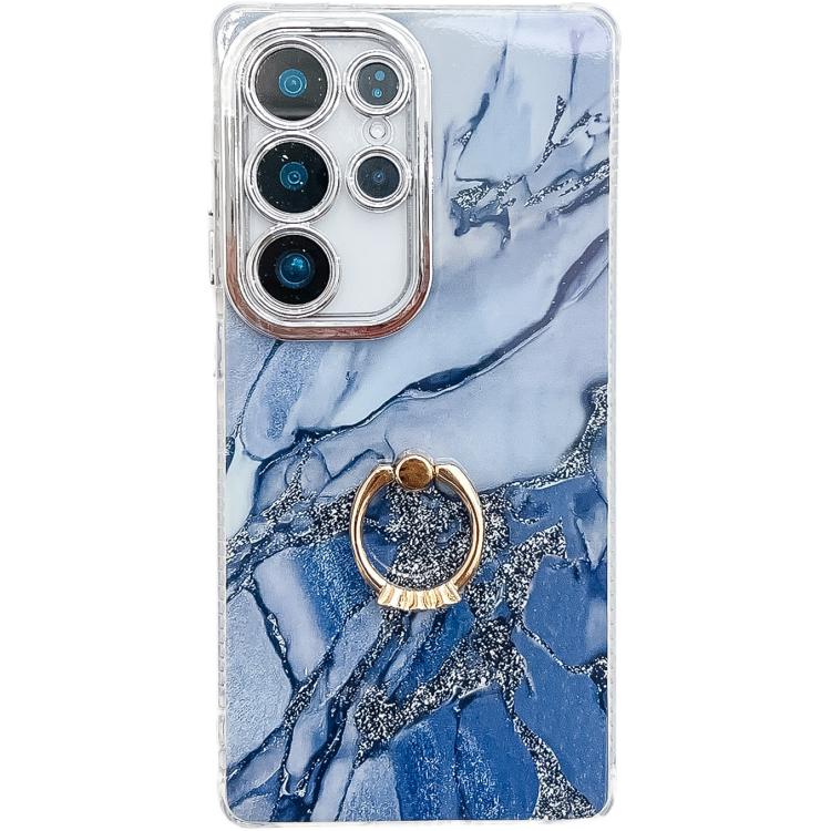 For Samsung Galaxy S25 Ultra 5G Electroplated Marble Texture Ring Holder Phone Case