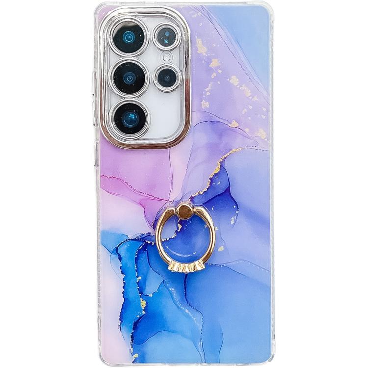 For Samsung Galaxy S25 Ultra 5G Electroplated Marble Texture Ring Holder Phone Case