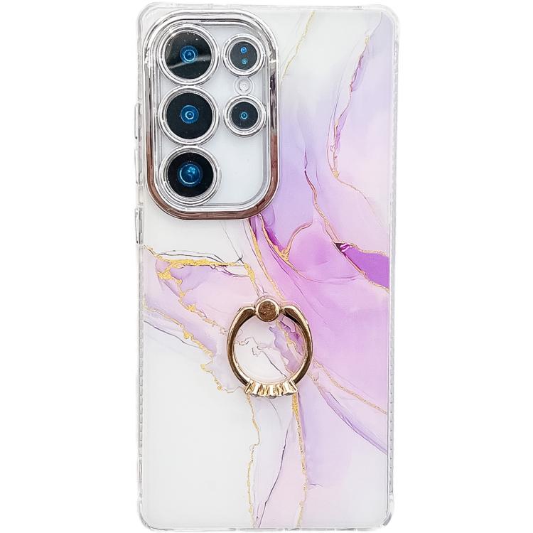 For Samsung Galaxy S24 Ultra 5G Electroplated Marble Texture Ring Holder Phone Case