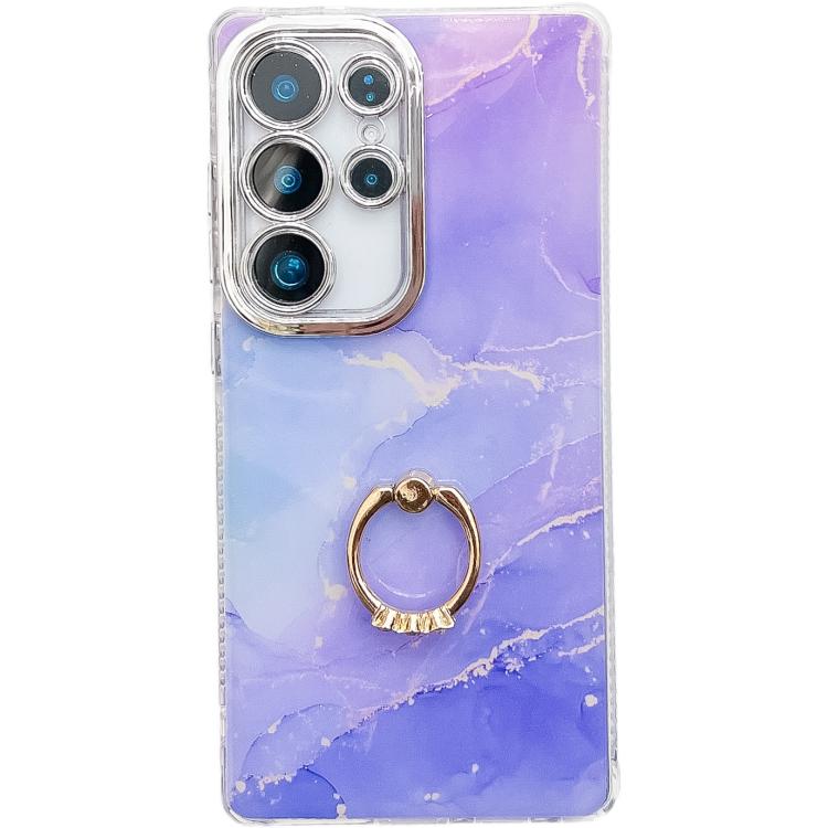 For Samsung Galaxy S23 Ultra 5G Electroplated Marble Texture Ring Holder Phone Case