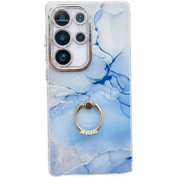 For Samsung Galaxy S23 Ultra 5G Electroplated Marble Texture Ring Holder Phone Case