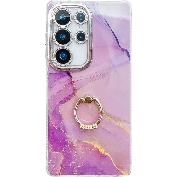 For Samsung Galaxy S23 Ultra 5G Electroplated Marble Texture Ring Holder Phone Case