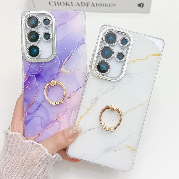 For Samsung Galaxy S25 Ultra 5G Electroplated Marble Texture Ring Holder Phone Case