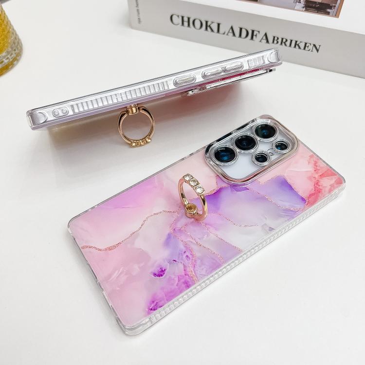 For Samsung Galaxy S25 Ultra 5G Electroplated Marble Texture Ring Holder Phone Case