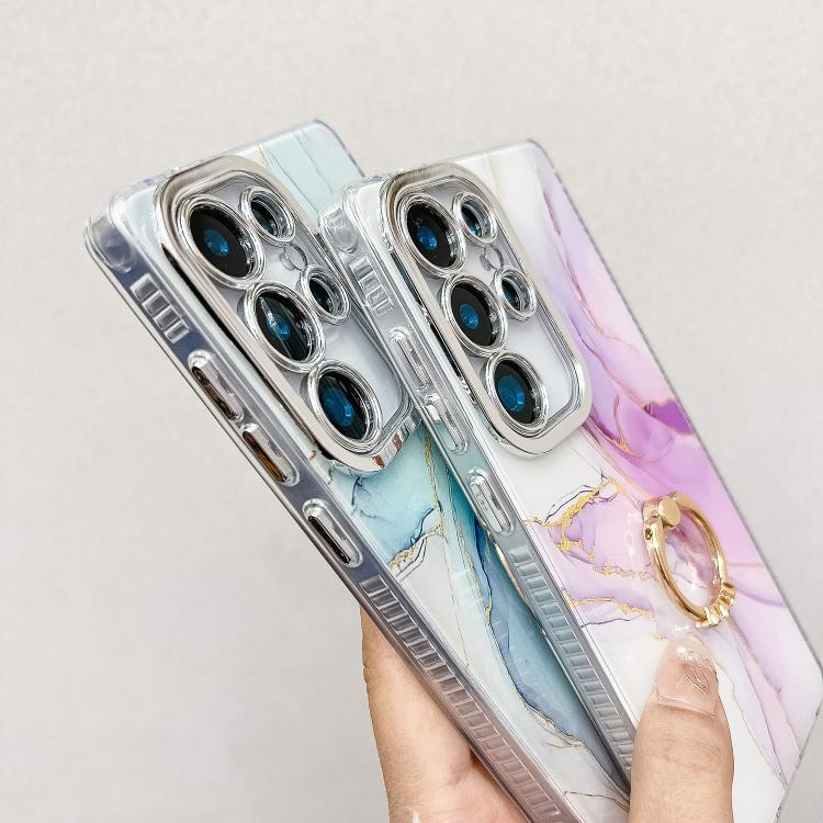 For Samsung Galaxy S25 Ultra 5G Electroplated Marble Texture Ring Holder Phone Case