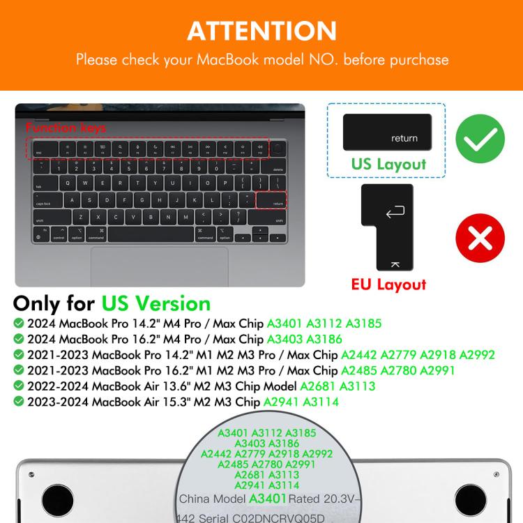 For MacBook Air 13.6 / 15.3 ＆ Pro 14.2 / 16.2 ENKAY US Version Keyboard Cover Soft Silicone Protective Film